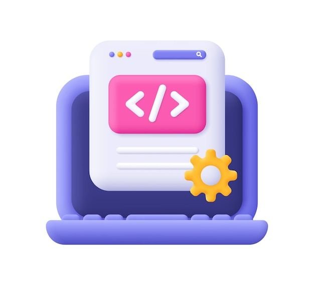 Laptop and web page with code symbol and gear cogwheel 3d vector icon _ Premium Vector